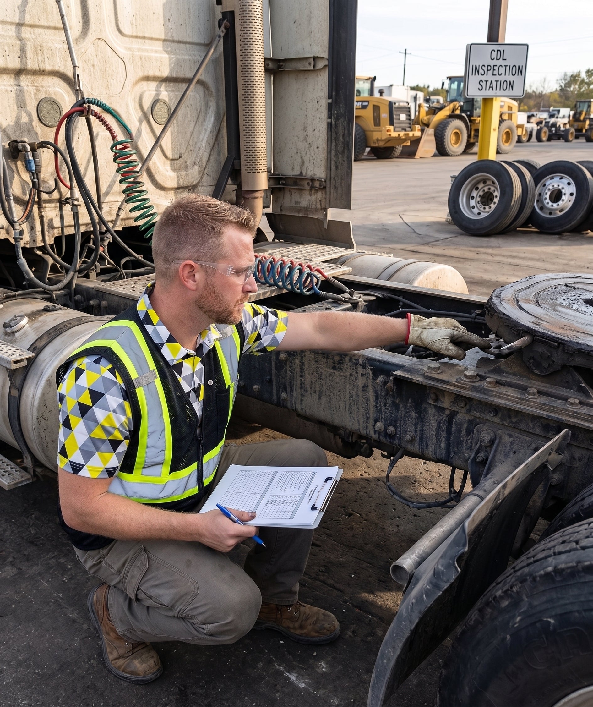 A male inspector in a high-visibility safety vest kneels beside a semi-truck chassis, holding a clipboard and pen while inspecting the vehicle. The background shows a truck yard with other equipment.