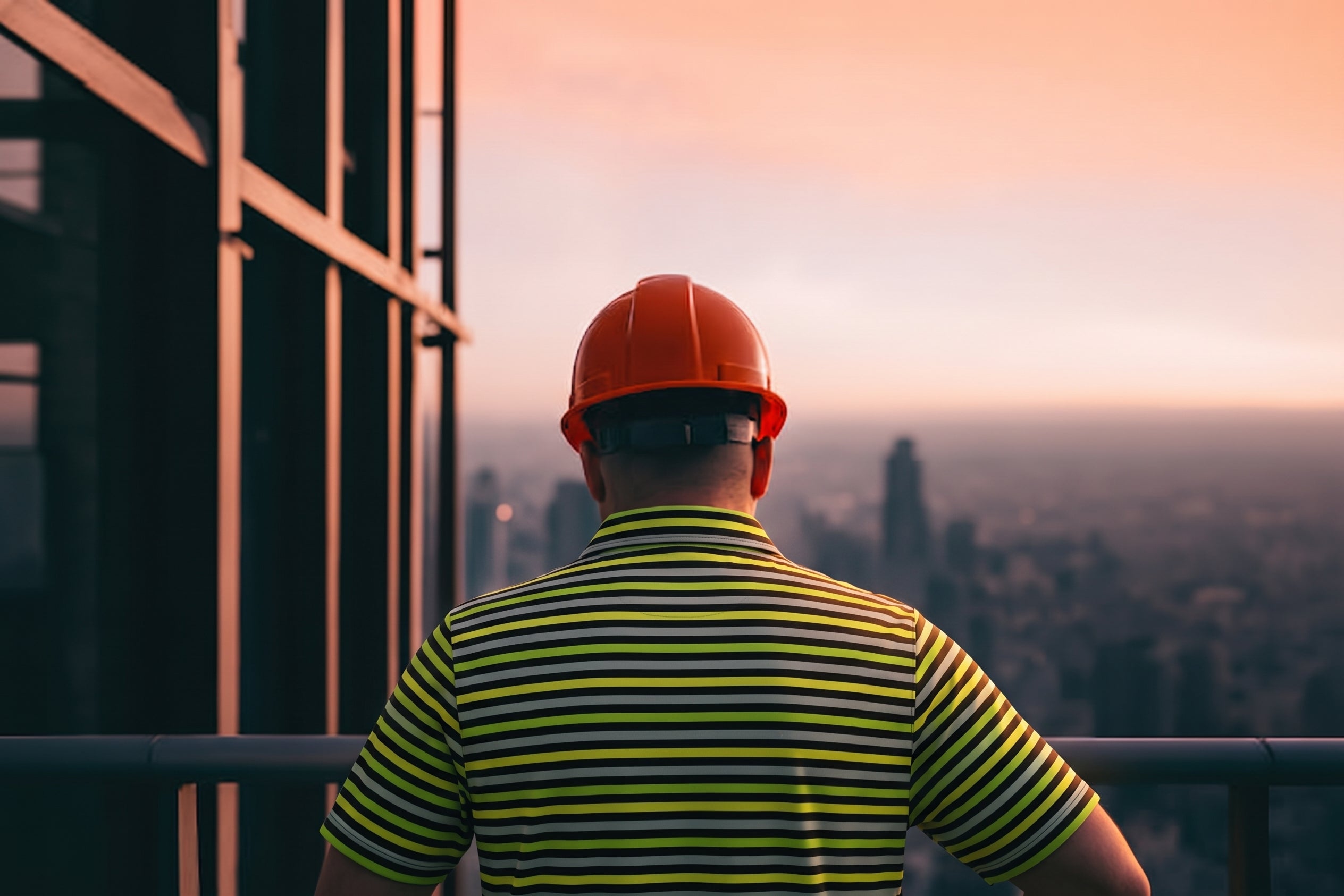 A construction worker viewed from behind, wearing a bright orange hard hat and a yellow and black striped polo shirt, looking out over a city skyline at sunset.