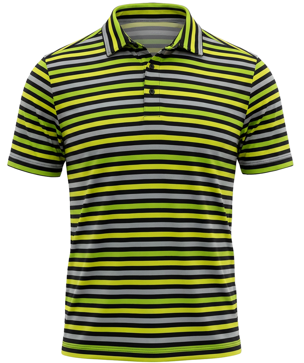 Striped polo shirt with green, gray, and black horizontal stripes on a white background. Stylish typical high visibility stripes. 