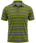 Striped polo shirt with green, gray, and black horizontal stripes on a white background. Stylish typical high visibility stripes. 