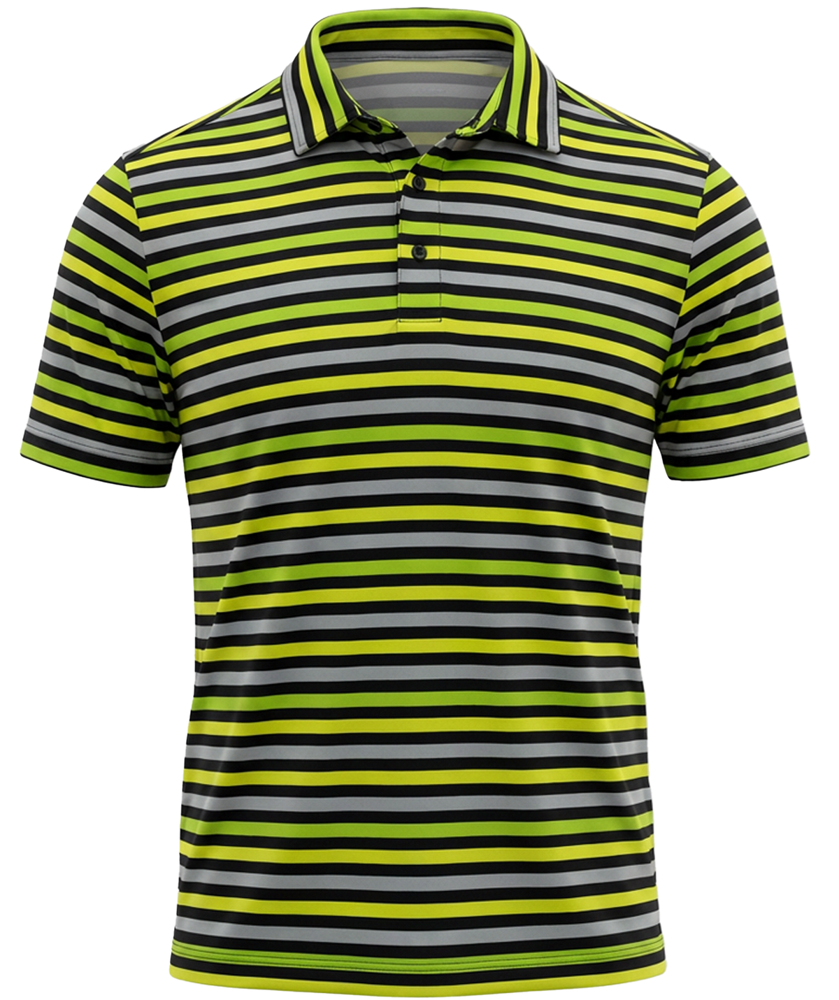 Striped polo shirt with green, gray, and black horizontal stripes on a white background. Stylish typical high visibility stripes. 