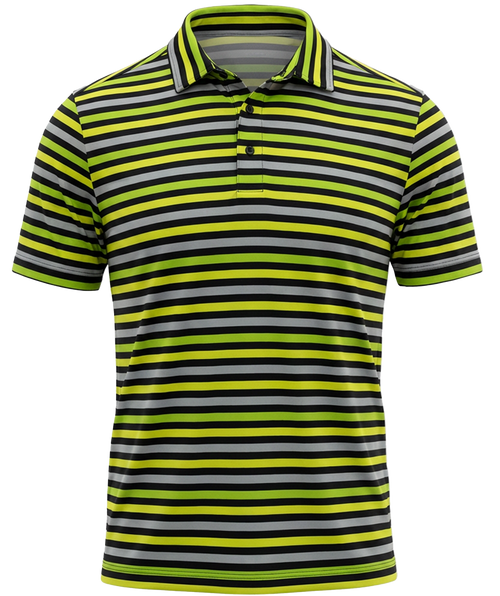 Striped polo shirt with green, gray, and black horizontal stripes on a white background. Stylish typical high visibility stripes. 